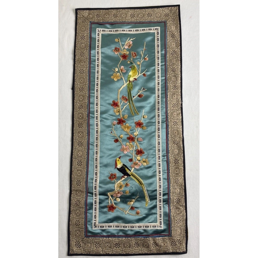 Vintage Chinese Silk Embroidery Panel Birds Teal Silk Metallic 11.5x25
